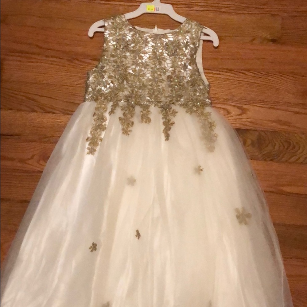 Off White and Gold Tulle Formal Dress for Girls